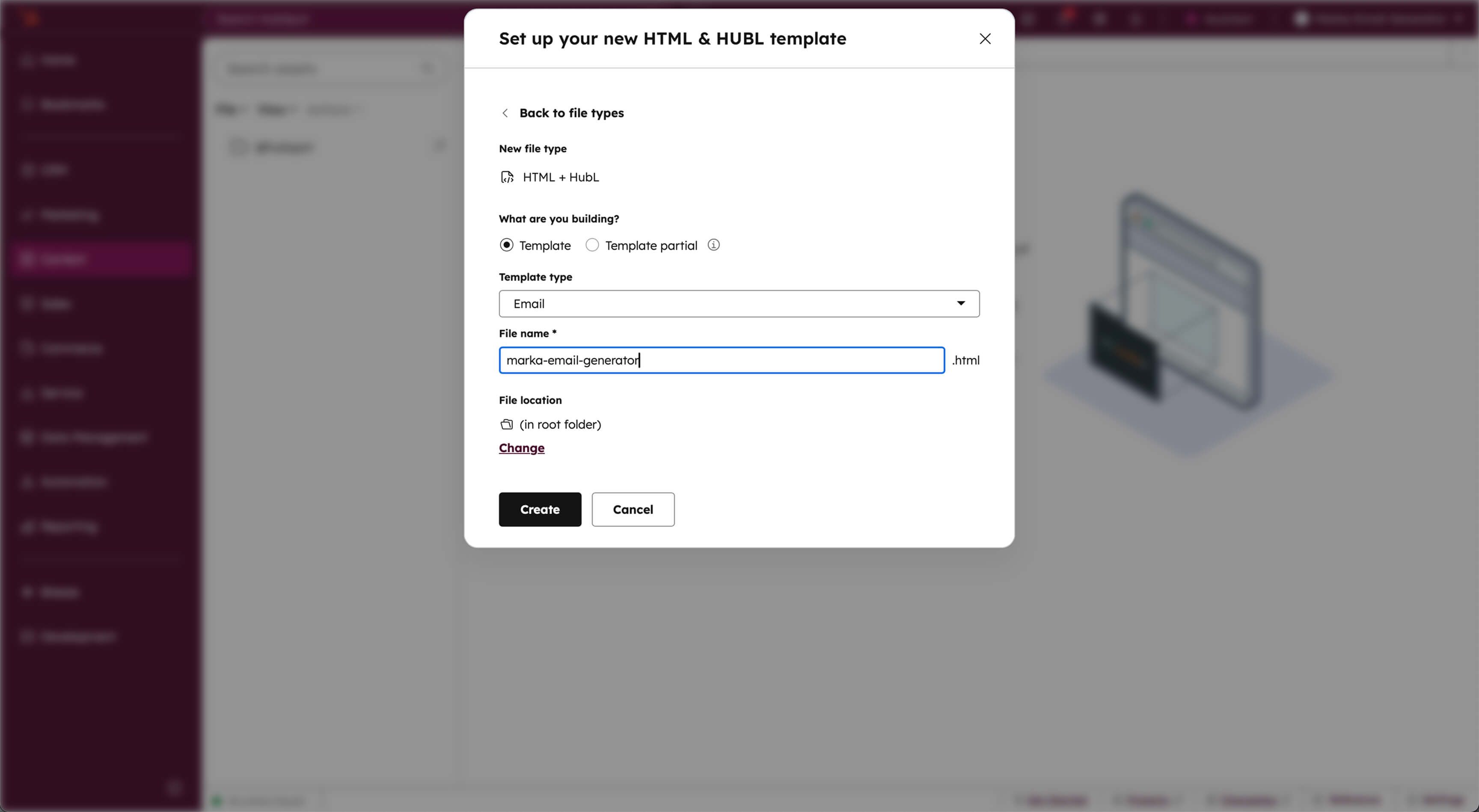 Modal "Set up your new HTML HUBL template with select template type"