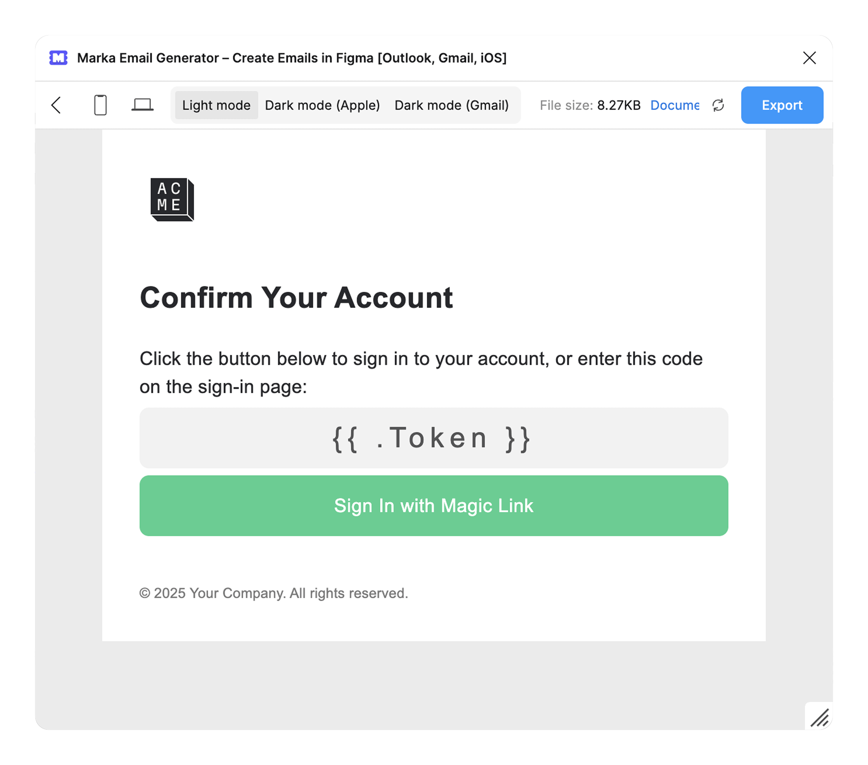 Supabase email templates in Marka Email Generator ready to export as HTML email template