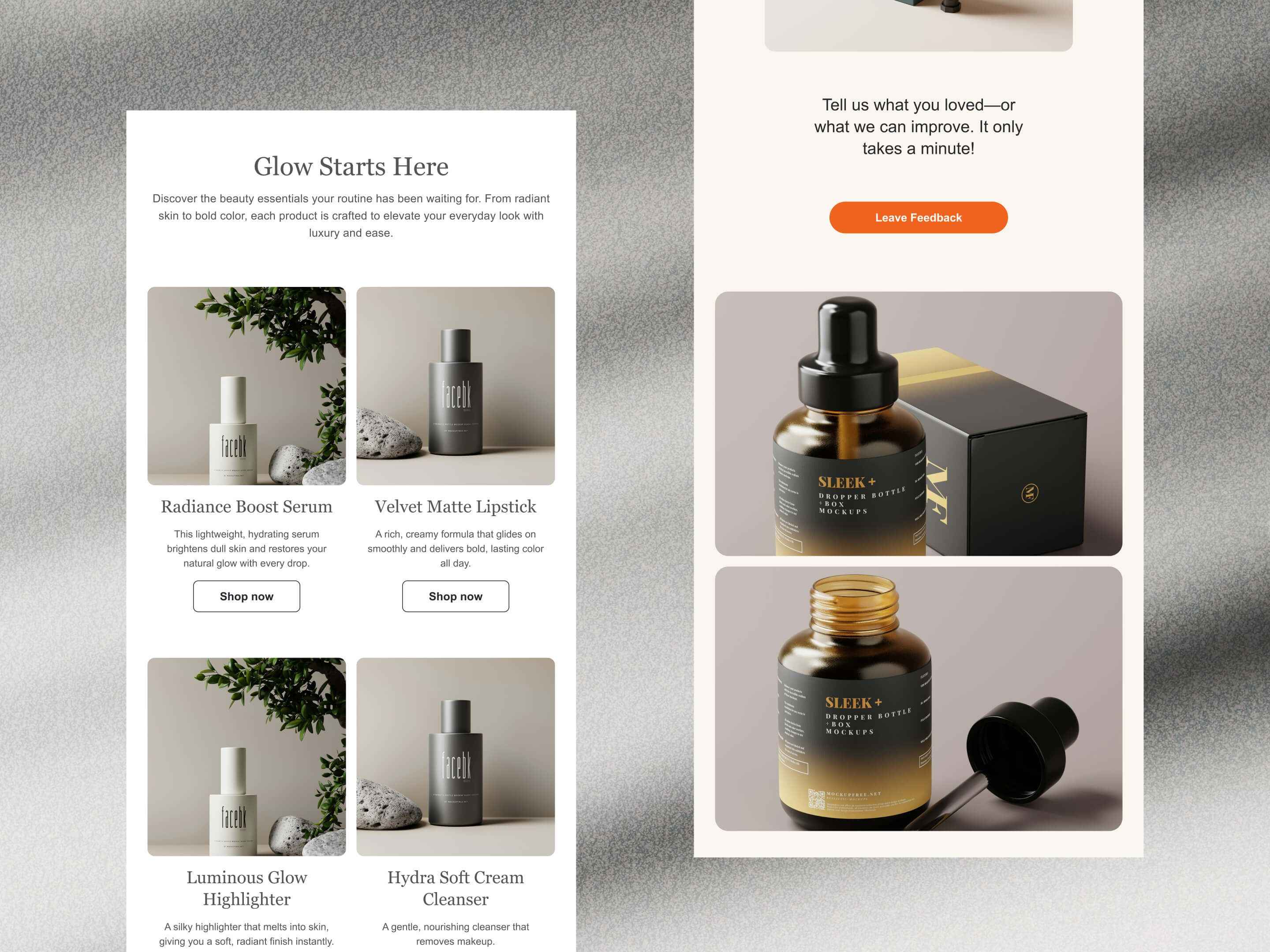 Artful collage email unveiling new cosmetic pouch designs